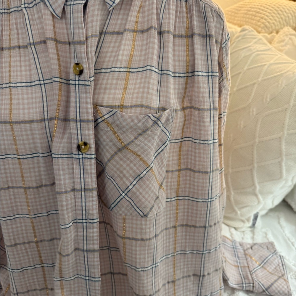 Free People Plaid Button Down Shirt - pink Cream and Gold - Picture 3 of 9